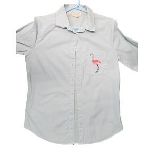 LOFT Light Blue Flamingo Embroidered Button Up Shirt Size Medium